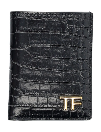 Tom Ford Printed Croc Folding Wallet In Black