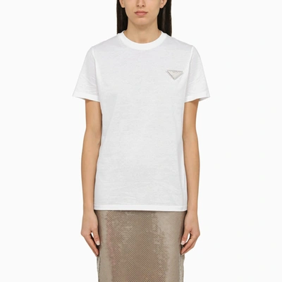 Prada White Crew-neck T-shirt With Rhinestones In Bianco