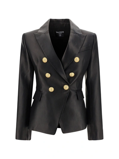 Balmain Leather Blazer Jacket In Nero