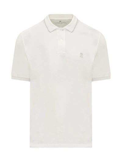 Brunello Cucinelli Cotton Piquet Polo With Embroidered Logo In Off White