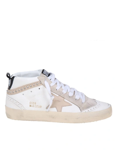 Golden Goose Mid Star Sneakers In White Leather With Applied Crystals
