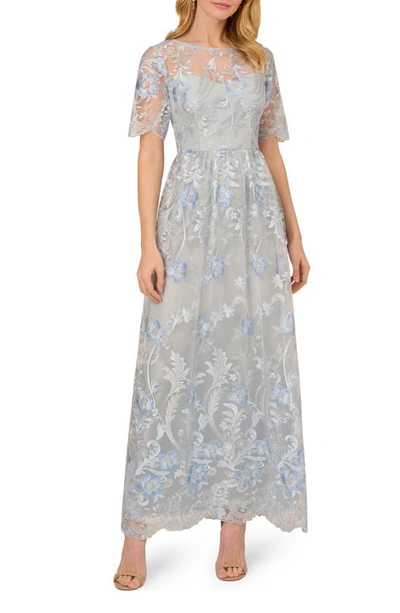 Adrianna Papell Floral Embroidered Short Sleeve A-line Gown In Light Blue Multi