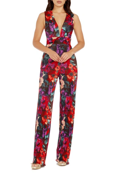 Dress The Population Hunter Floral Print Plissé Sleeveless Jumpsuit In Red