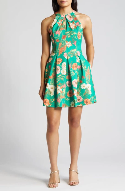 Vince Camuto Floral Print Pleated Sleeveless Dress In Green Mult