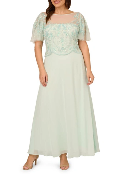 Adrianna Papell Beaded Flutter Sleeve Chiffon Gown In Mint Glass