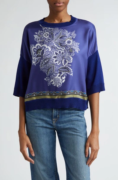 Etro Paisley Print Mixed Media Top In Print On Blue Base