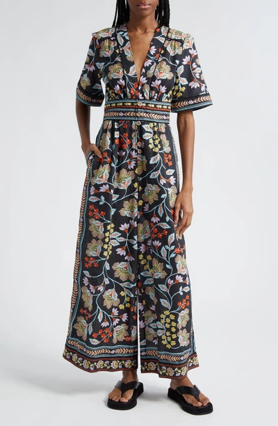 Farm Rio Flowery Button Front Wide Leg Jumpsuit In Multicolor