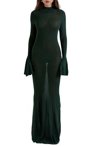 House Of Cb Sancha Open Back Long Sleeve Semisheer Body-con Maxi Dress In Emerald Green