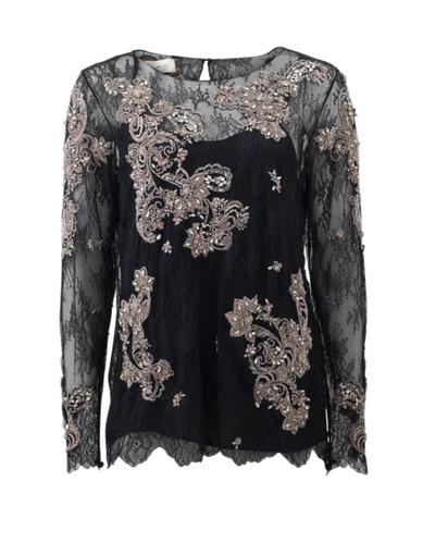 Marchesa Chantilly Lace Top With Beading In Black