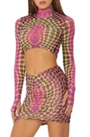 Afrm Dionne Turtleneck Mesh Crop Top In Placement Neon Dot