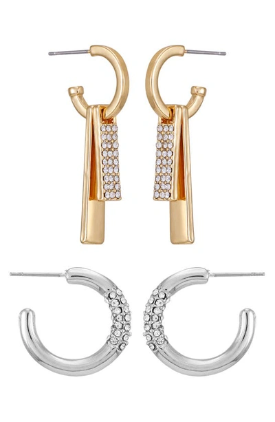 Vince Camuto Set Of 2 Crystal Embellished Hoop Earrings In Gold