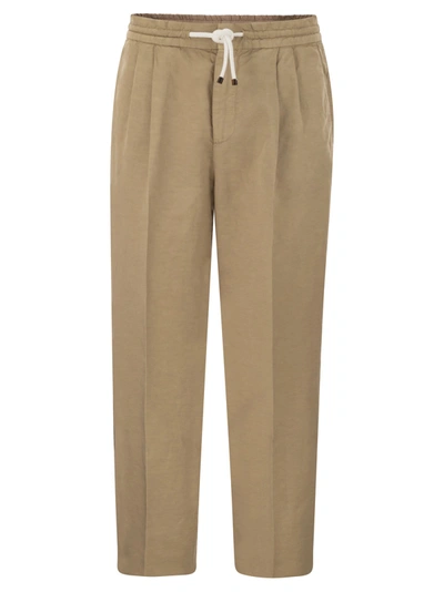 Brunello Cucinelli Leisure Fit Trousers In Linen And Cotton Gabardine In Beige