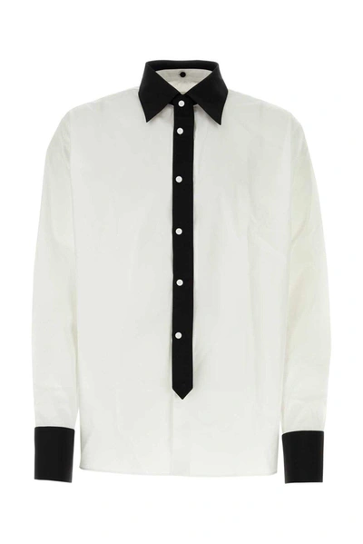 Prada Contrast-trim Long-sleeved Shirt In Bianco Nero