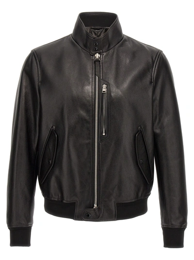 Tom Ford Grainy Leather Bomber Jacket In Black