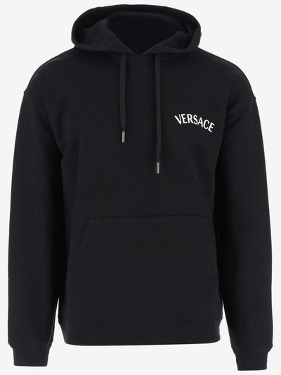 Versace Logo Cotton Hoodie In Black