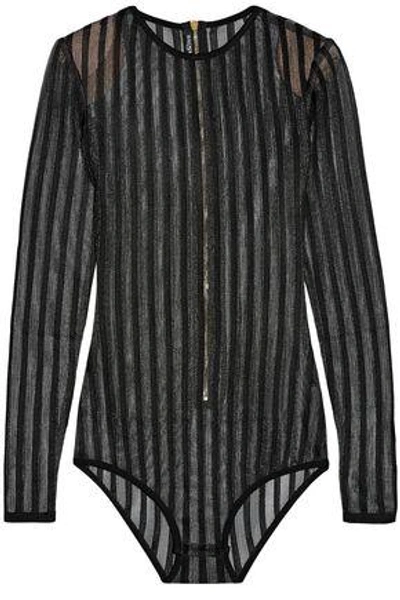 Balmain Woman Striped Open-knit Bodysuit Black