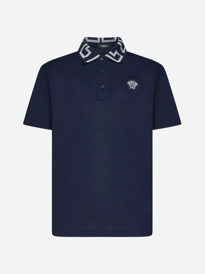 Versace Medusa And Greca Cotton Polo Shirt In Blu Navy