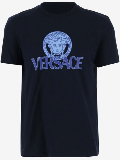 Versace Cotton T-shirt With Logo In Blue