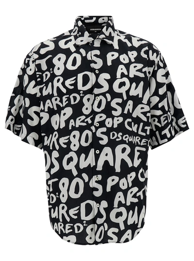 Dsquared2 Black Short Sleeve Shirt With Graffiti Logo Print In Cotton Man In Default Title