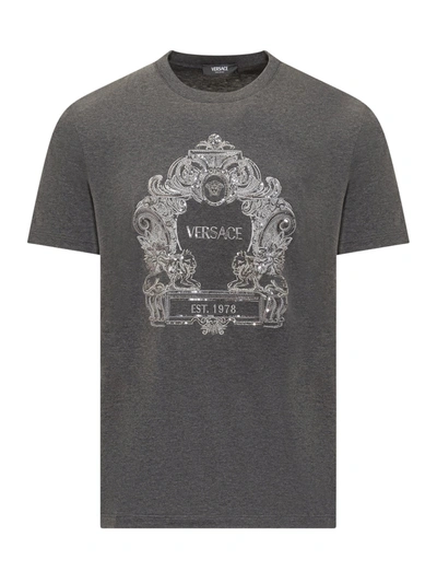 Versace Cartouche Sequins T-shirt In Grigio Scuro Melange