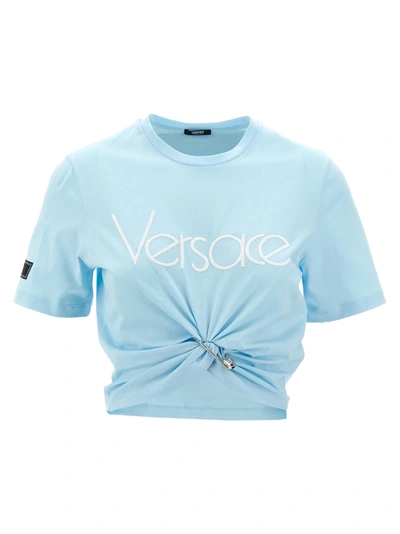 Versace Logo Crop T-shirt In Light Blue