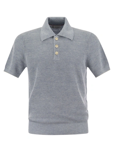 Brunello Cucinelli Linen And Cotton Half-rib Knit Polo Shirt With Contrasting Detailing In Light Blue
