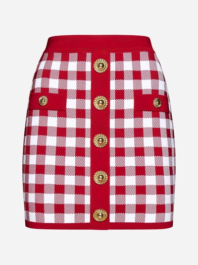 Balmain Vichy Viscose-blend Knit Miniskirt In Rosso