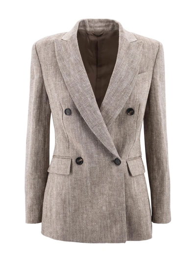 Brunello Cucinelli Herringbone Linen Blazer In Brown