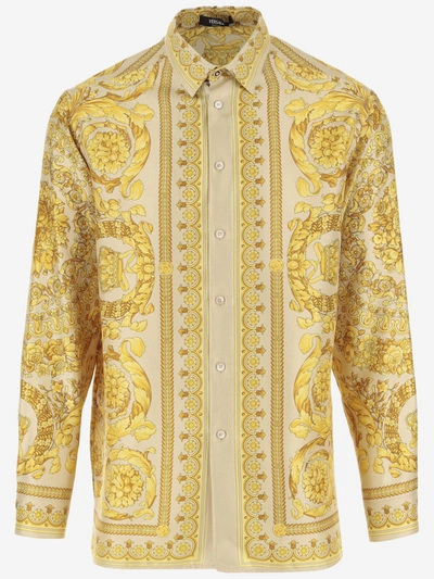 Versace Printed Silk Shirt In Neutrals/yellow