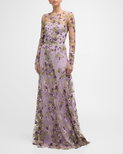Naeem Khan Embroidered Floral Gown With Sheer Overlay In Lilac