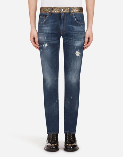 Dolce & Gabbana Gold Fit Stretch Jeans With Brocade Details In Blue