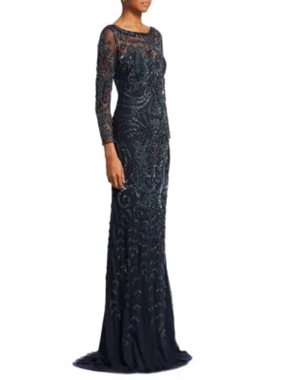 Theia Tulle Embroidered Gown In Midnight