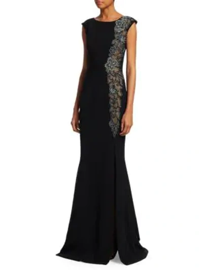 Theia Beaded & Sheer High-slit Sleeveless Gown In Black Silver