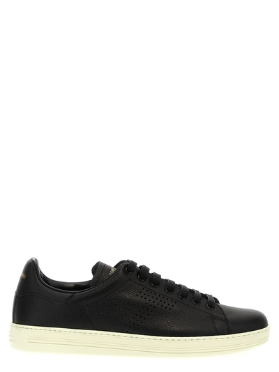 Tom Ford Logo Leather Trainers In Black/cream