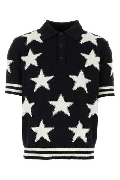 Balmain Two-toned Star Intarsia-knit Polo Shirt In Nero E Naturale