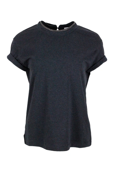Brunello Cucinelli Short-sleeved T-shirt In Elasticized Stretch Cotton With A Crew Neck Edged With J In Grey Antracite