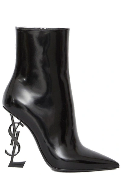 Saint Laurent Opyum Logo Plaque Pointed Toe Boots In Nero