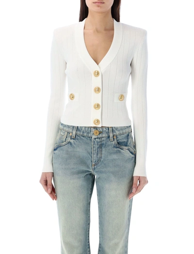 Balmain Gold Buttons Knit Cardigan In White
