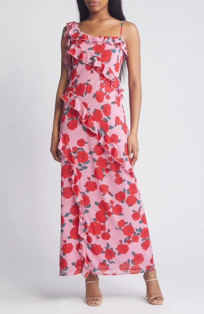 Wayf Rosaline Ruffled Asymmetric Maxi Dress In Pink Roses