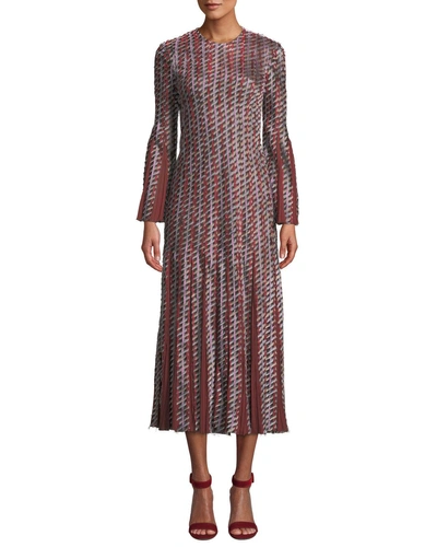 J Mendel Long-sleeve A-line Pattered Pleated Godet Cocktail Dress In Rust
