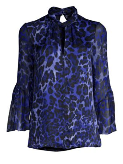 Elie Tahari Laraib Keyhole Long-sleeve Leopard-print Silk Blouse In Maritime Blue