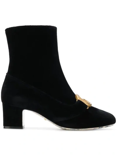 Gucci Black Velvet Ankle Boot With Double G. In Nero