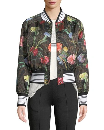 Off-white Snap-front Floral-print Cropped Varsity Jacket In Black Pattern