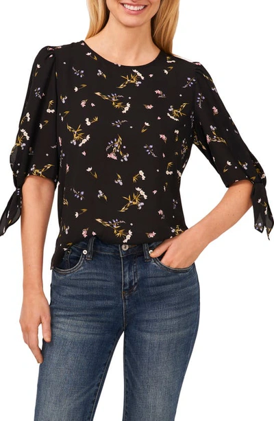 Cece Print Tie Cuff Top In Rich Black