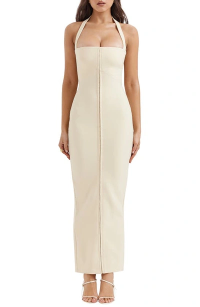 House Of Cb Mia Halter Stretch Crepe Sheath Cocktail Dress In Ecru