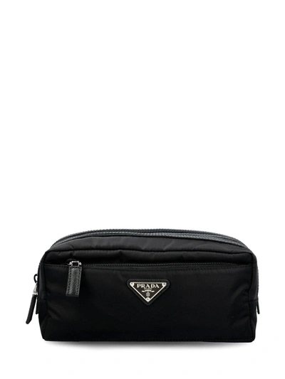 Prada Triangle Logo Plaque Make-up Bag In Black