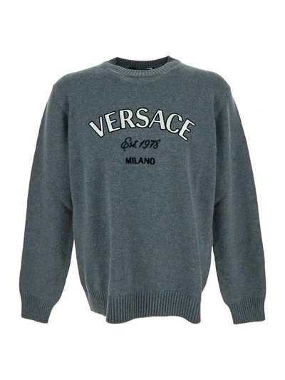 Versace Wool Knitwear In Charcoal Melange