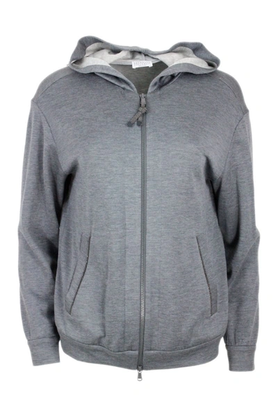 Brunello Cucinelli Cotton And Silk Sweatshirt With Hood And Monili On The Zip In Grey