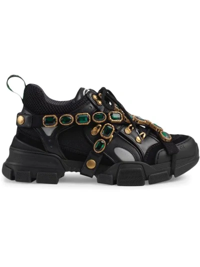 Gucci Flashtrek Embellished Logo-embossed Mesh, Suede And Leather Sneakers In Black