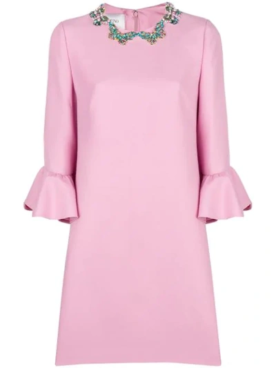 Valentino Elbow-sleeve A-line Crepe Couture Mini Cocktail Dress W/ Butterfly Jewels In Pink